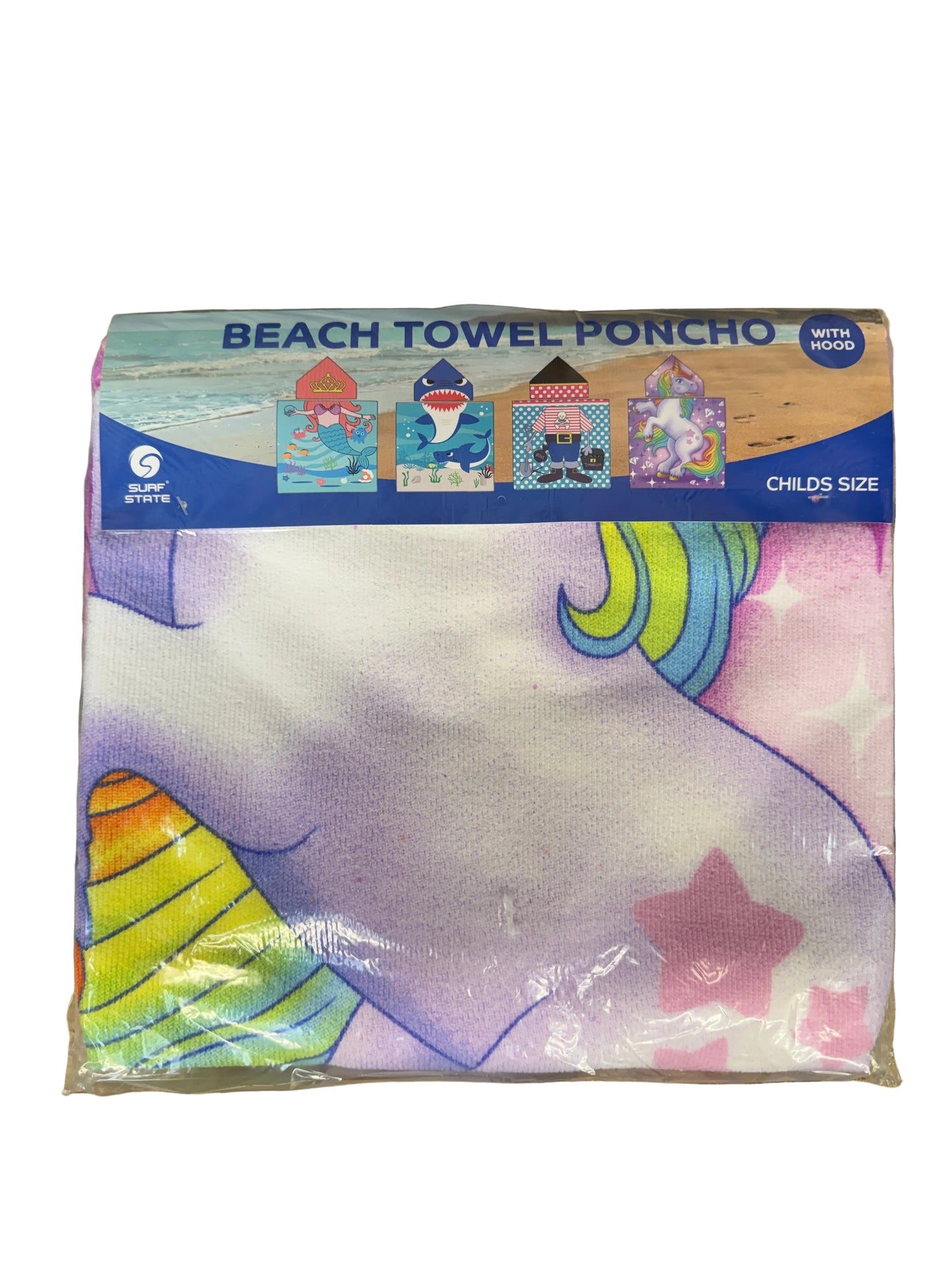 Beach towel poncho packaging with colorful design on a wooden surface