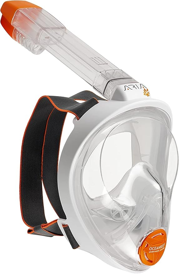 Snorkeling mask with clear faceplate and orange accents on a white background