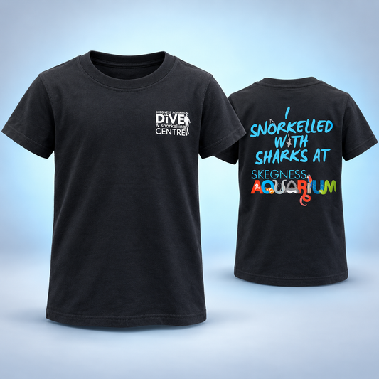 black children's T-shirt printed "I snorkelled with sharks at Skegness Aquarium"