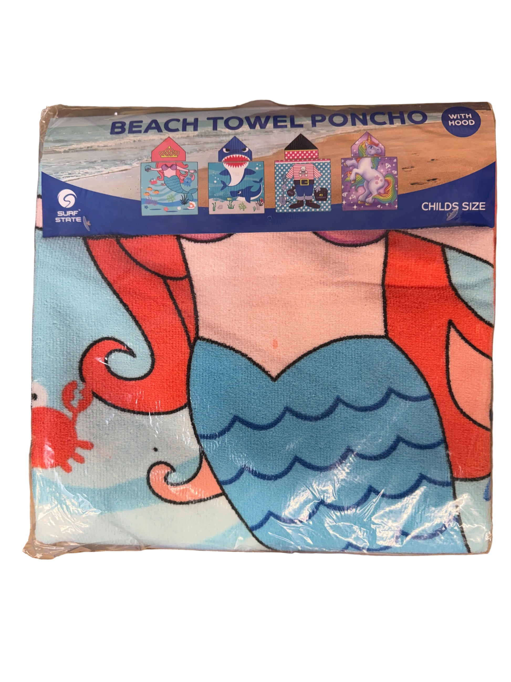 Packaged children's beach towel with cartoon design on a wooden surface
